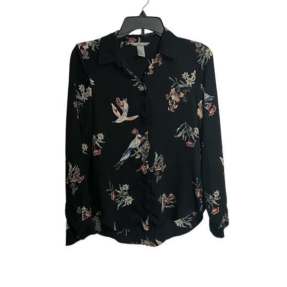 H&M Black Sparrow Print Button Front Long-Sleeve Top - Picture 7 of 7
